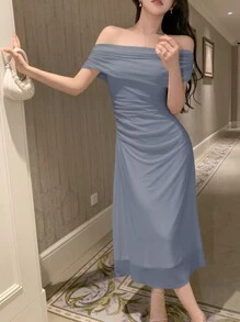 DAZY 纯色不对称网纱领连衣裙，优雅吊带裙，返校季服装，婚礼女装，露肩款式 - 藍色 - 查看 3