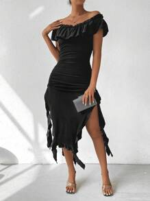 Zolique Women'S Ruffle Hem Pleated Split Dress - Black - View 1