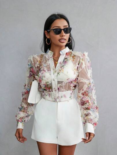 Aveloria Rosie Random Printed Long Sleeve Blouse Button Up Shirt Women ,Long Sleeve Tops Fall Cloth For Women