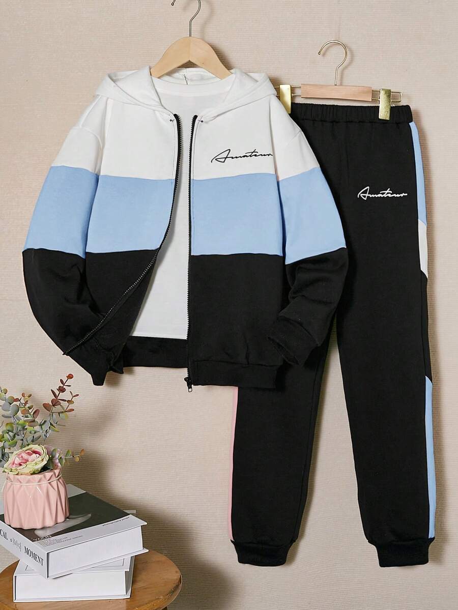 SHEIN Bộ đồ hai mảnh thường ngày lót nhiệt in chữ tương phản dành cho bé gái tuổi mới lớn - Màu xanh nhạt - Xem 1
