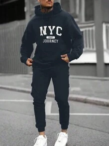 SHEIN Men's Hooded Letter Print Sweatshirt And Sports Pants 2pcs/Set - Dark Grey - View 1