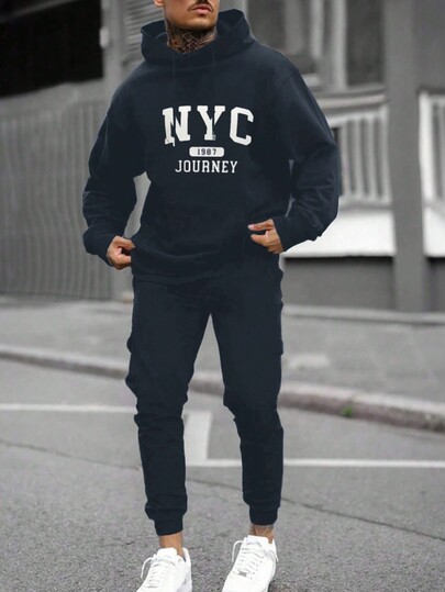 SHEIN Men's Hooded Letter Print Sweatshirt And Sports Pants 2pcs/Set