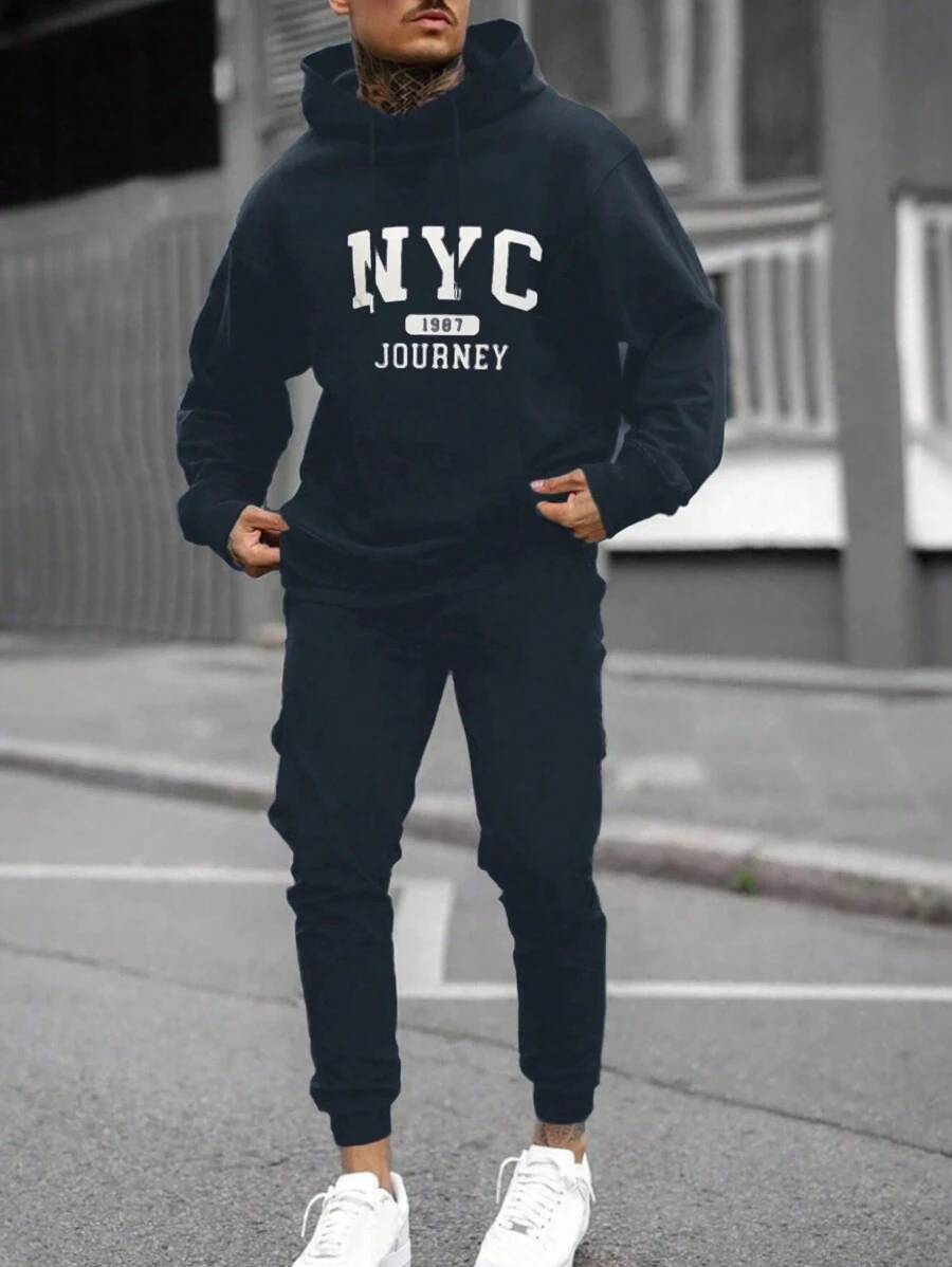 SHEIN Men's Hooded Letter Print Sweatshirt And Sports Pants 2pcs/Set - Dark Grey - View 1