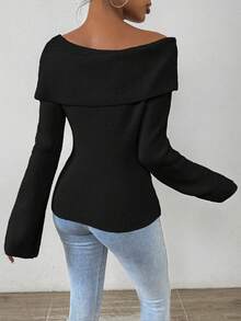 SHEIN Frenchy 純色不對稱領毛衣 - 黑色 - 查看 2