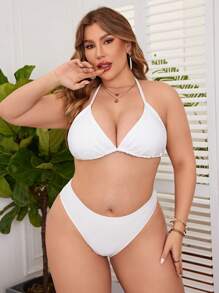 SHEIN Swim Curve Plus Size Summer Beach Lace Splice 3d Flower Decoration Vest Style Tankini Swimwear - White - View 3