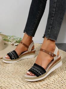 夏季新款波西米亞風格編織草坡跟女式舒適度假涼鞋 - 黑色 - 查看 5