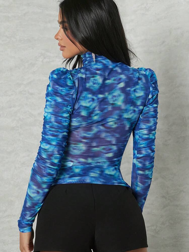 Print Drawstring Ruched Mock Neck Top