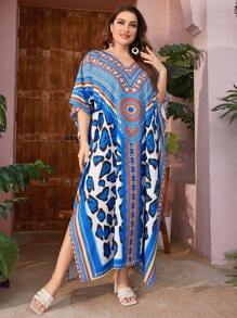 Al Najma Kích thước lớn In tay cánh Đầm Với Bên Khe - Màu xanh lam - Xem 5
