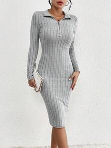 SHEIN Frenchy 女款翻領領口半拉鍊純色修身連身裙 - 灰色 - 查看 3