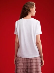 MOTF PREMIUM 针织女式花卉印花短袖 T 恤，情人节 - 白色 - 查看 8