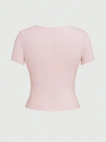 ROMWE Kawaii Của phụ nữ Thỏ & Bowknot Thêu Khăn tắm Chất vải Cổ chữ V Ngắn tay Áo thun - Hồng - Xem 2