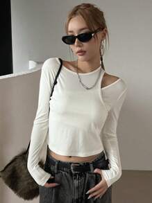 DAZY Women's Solid Color Asymmetric Neck Cropped T-Shirt Long Sleeve Women Tops