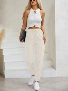 SHEIN LUNE 女式彈性腰翻邊褲 - 杏色 - 查看 5