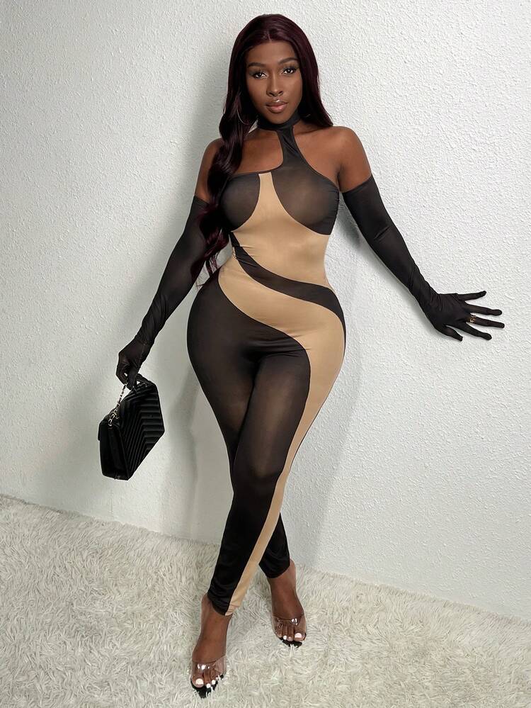 Sexy Halterneck Sleeveless Contrast Color Tight See-Through Women's Bodysuit