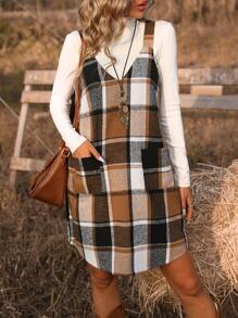 SHEIN Unity 女士格子印花背心連身裙 - 卡其色 - 查看 4