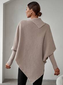 SHEIN Clasi Cổ giả tay cánh Viền không đối xứng Áo len Poncho - Lạc đà - Xem 2