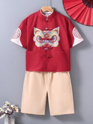 Tween Boys Lion Dance Pattern Short Sleeve Top And Shorts Chinese Style Two Piece Suit With Buckles