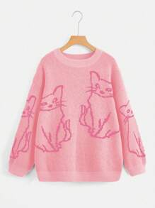 Flirla Plus Size Women's Cartoon Cat Pattern Sweater Knit Pullover Fall Winter - Multicolor - View 1