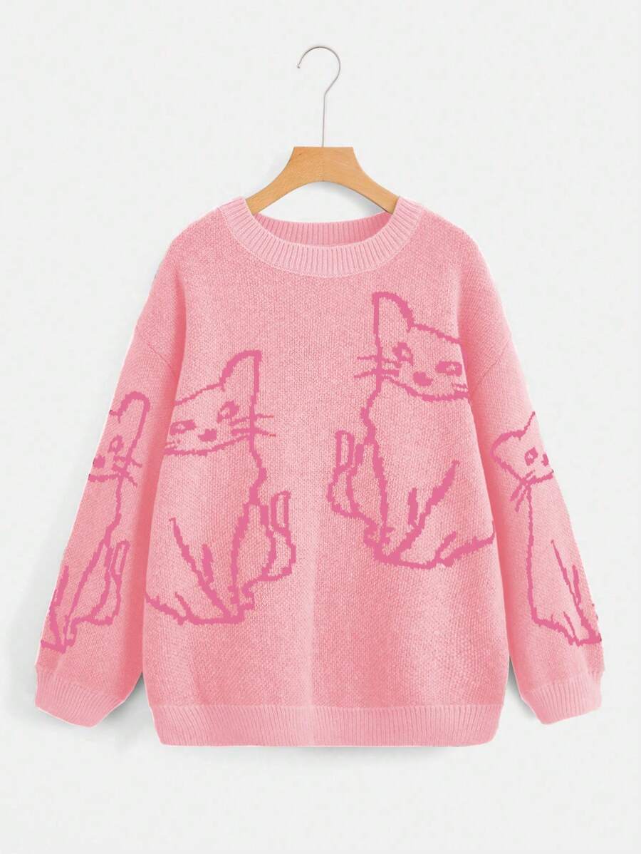 Flirla Plus Size Women's Cartoon Cat Pattern Sweater Knit Pullover Fall Winter - Multicolor - View 1