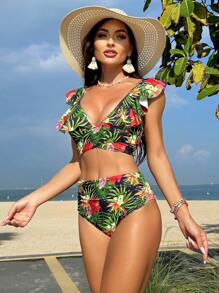 Swim Vcay Ngẫu nhiên Bản in nhiệt đới Quấn chéo Bộ Bikini Với Ruffled Hem Đồ trang trí Lễ hội hóa trang - Nhiều màu - Xem 6