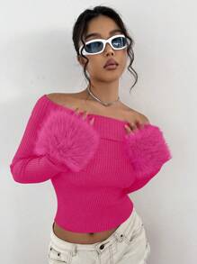 SHEIN Unity Women'S Off Shoulder Splice Sweater - Hot Pink - View 1