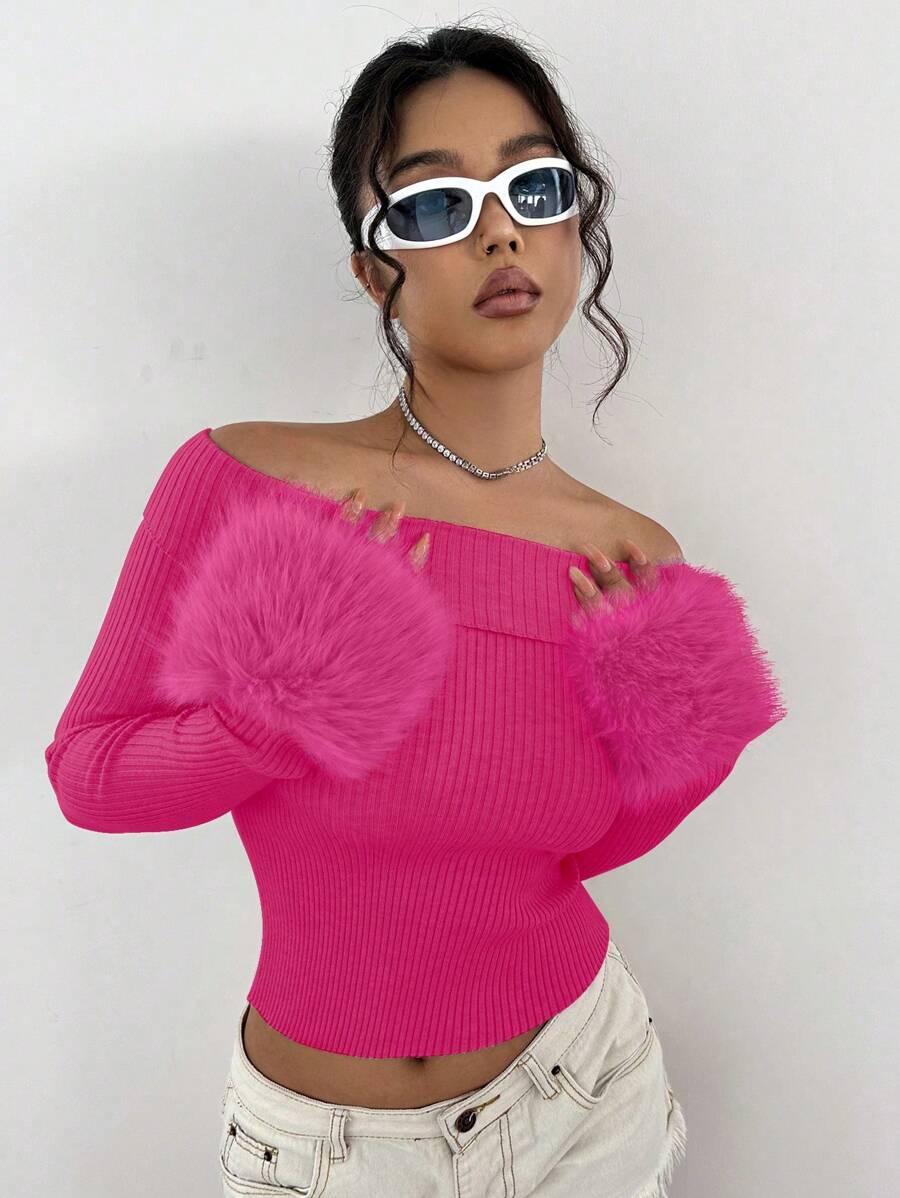 SHEIN Unity Women'S Off Shoulder Splice Sweater - Hot Pink - View 1