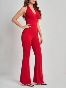 SHEIN Tall Women's Sleeveless Halter Neck Jumpsuit - Red - View 6