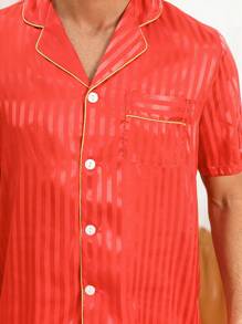 Men's Color Block Trim Top And Solid Color Long Pants Homewear Set - Red - View 4
