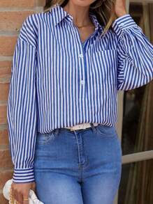 SHEIN Privé Striped Print Drop Shoulder Shirt - Blue - View 1