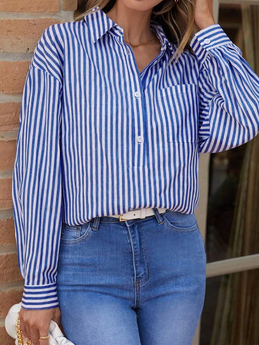 SHEIN Privé Striped Print Drop Shoulder Shirt - Blue - View 1