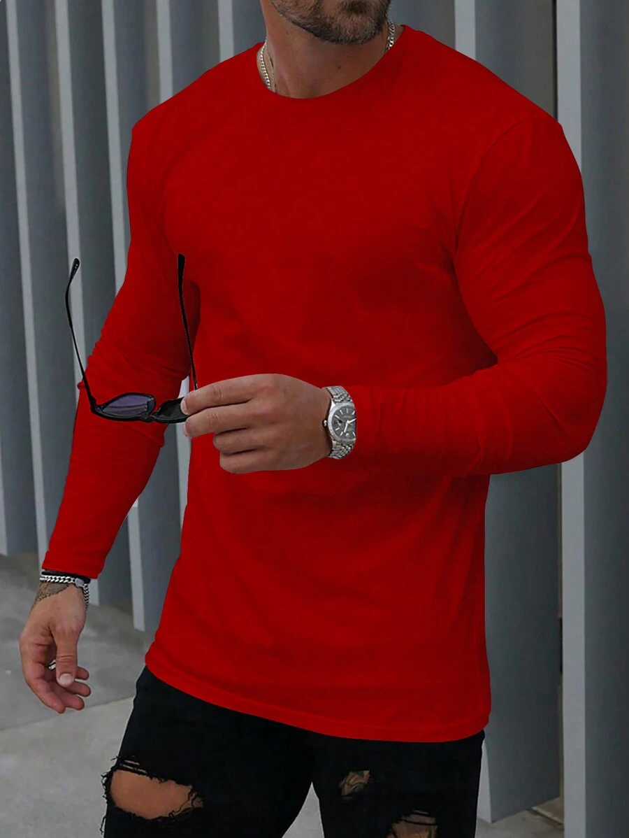 Manfinity Homme Men's Solid Color Long Sleeve T-Shirt, Fall - Red - View 1