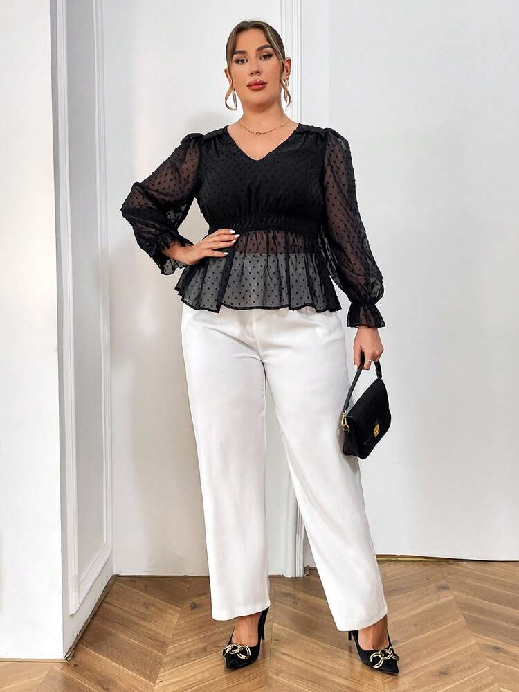 Plus Size Women'S Polka Dot Mesh Blouse