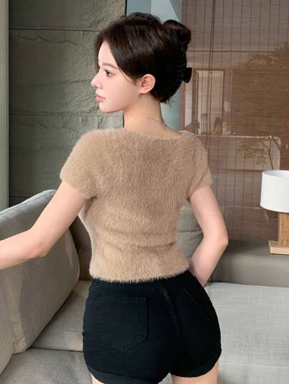 DAZY Solid Color Short Sleeve Fluffy Knit Top Summer