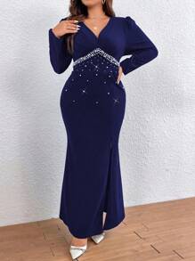SHEIN Belle 女式大尺碼珍珠裝飾高開衩連身裙 - 藏蓝色 - 查看 3