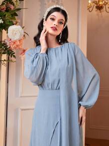 Modelyn Vestido De Color Sólido Para Mujer Con Mangas Abullonadas Con Cinturón Y Detalle De Drapeado - Azul - Ver 6