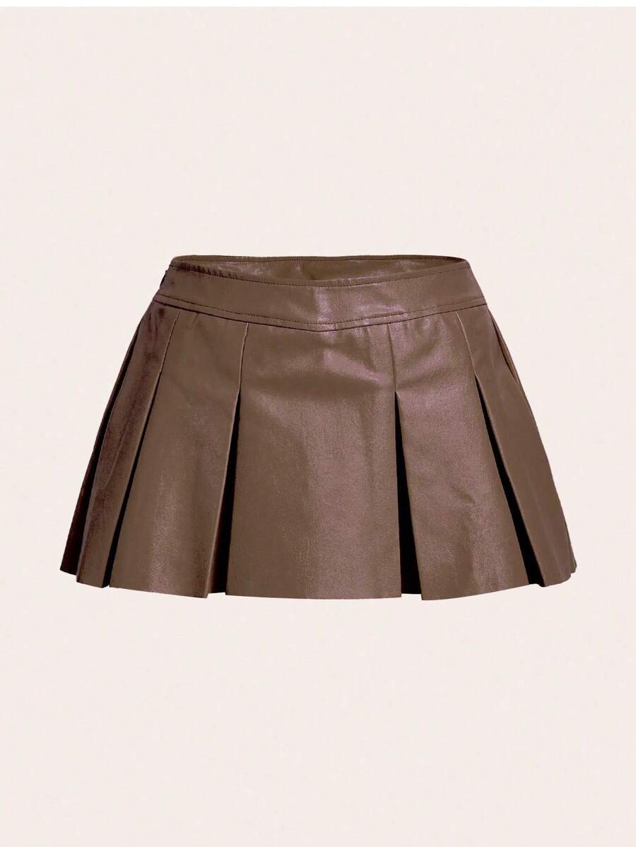 SHEIN ICON Chân váy chữ A xếp ly màu trơn cho nữ, thường ngày & đi nghỉ - Cà phê nâu - Xem 1