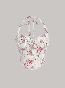 SHEIN MOD Women's Floral Print Halter Top - Multicolor - View 1