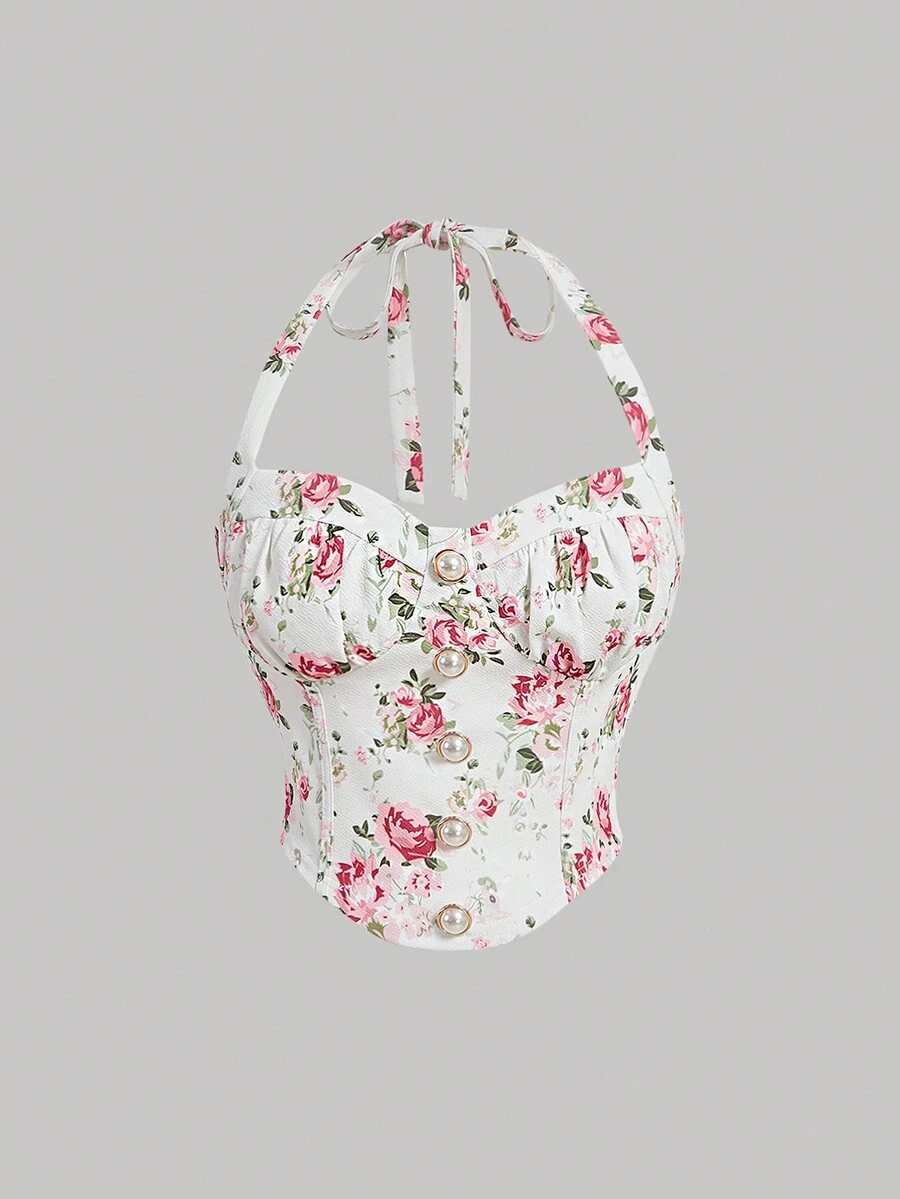 SHEIN MOD Women's Floral Print Halter Top - Multicolor - View 1