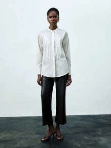 SHEIN BIZwear 女性長袖衫帶有褶飾裝飾 - 白色 - 查看 3