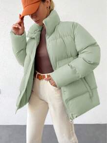 EURMUSE Zip Up Snap Button Puffer Coat - Green - View 1