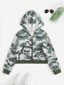 SHEIN EZwear Plus Size Camouflage Print Zipper Front Sweatshirt - Army Green - View 1
