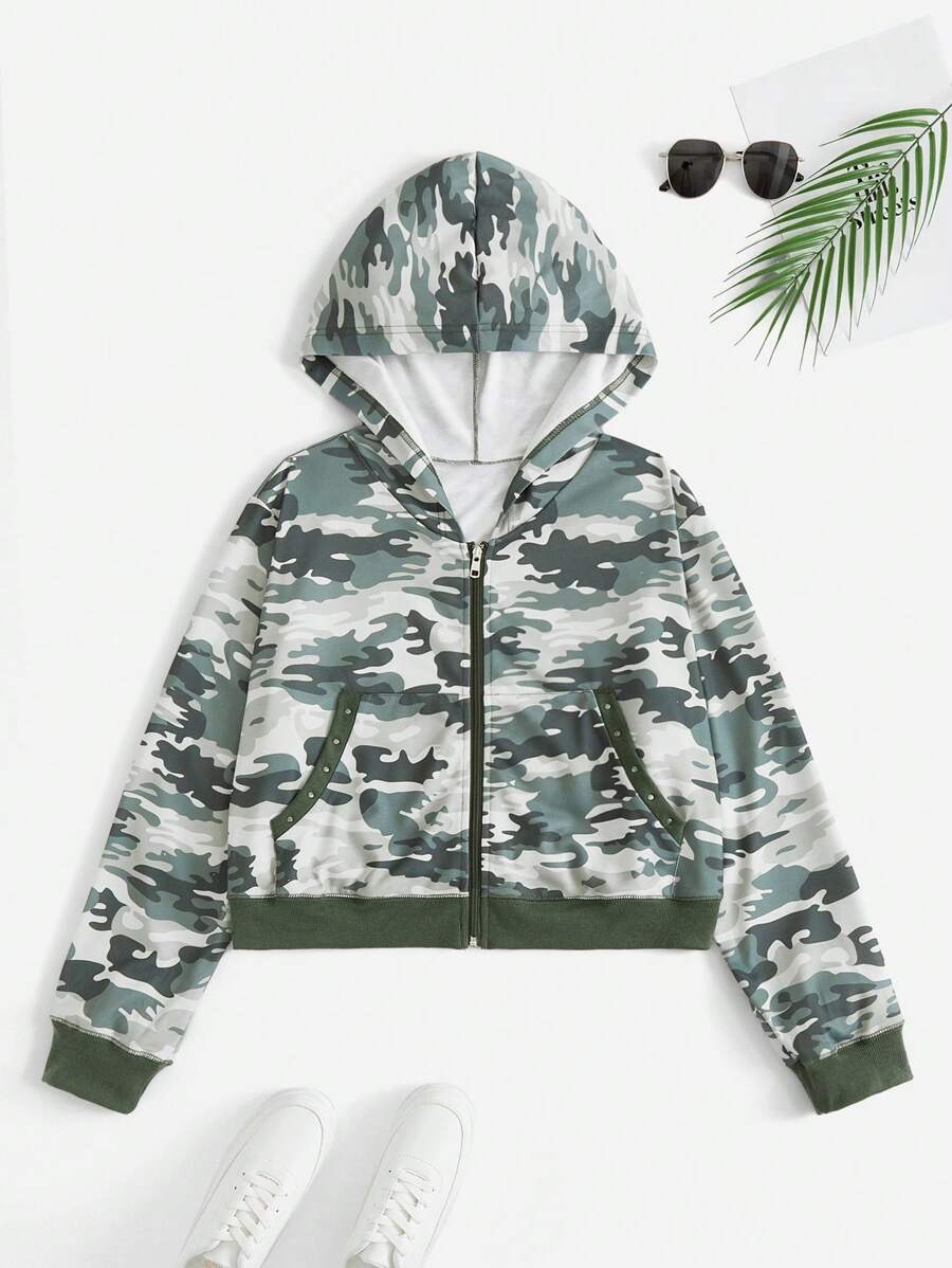 SHEIN EZwear Plus Size Camouflage Print Zipper Front Sweatshirt - Army Green - View 1