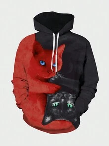 Manfinity LEGND 男士拼色連帽衫,貓咪印花和束繩設計 - 紅色 - 查看 3