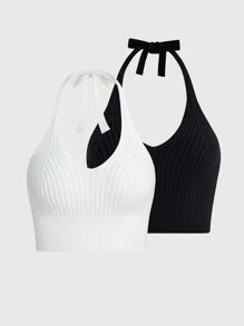 Zolique 2pcs Halter Neck Ribbed Knit Top - Multicolor - View 3