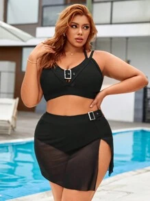 SHEIN Swim Curve 夏季大码带扣带边纯色比基尼套装 - 黑色 - 查看 3