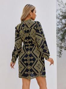 GENKIRA Ladies' Floral Print Stand Collar Long Sleeve Dress Fall Cloth For Women - Yellow - View 2