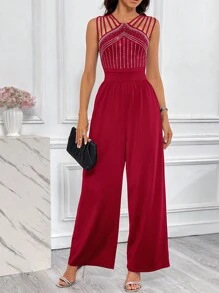 SHEIN Privé Women'S Rhinestone Decor Hollow Out Jumpsuit - Burgundy - View 1