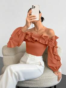 SHEIN Privé 露肩荷葉邊褶皺襯衫配燈籠袖 - 珊瑚橙 - 查看 1