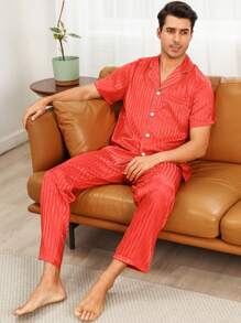 Men's Color Block Trim Top And Solid Color Long Pants Homewear Set - Red - View 7