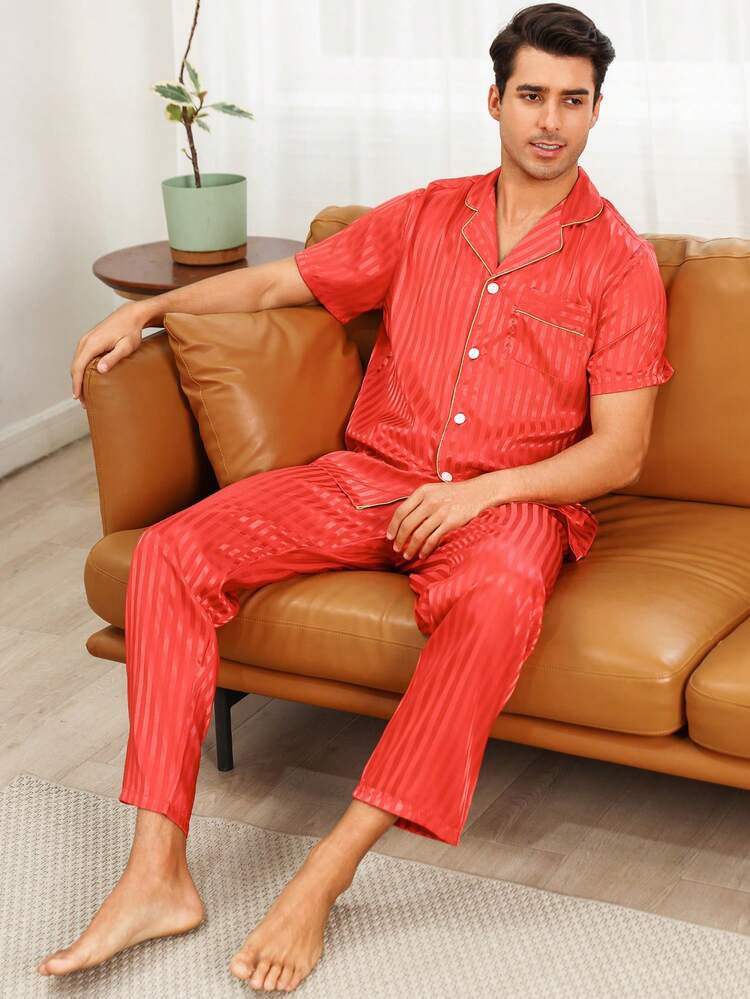 Men's Color Block Trim Top And Solid Color Long Pants Homewear Set